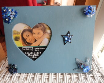 Vintage Jewelry Embellished Blue Picture Frame Wooden Photo Frame Glass Rhinestone Plastic Assemblage Heart Cutout Sparkly Handmade Painted