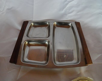 Vintage Bisco Stainless Steel Serving Tray Dish Grilled Tray 1950s to 1970s Sectioned Tray Made in Denmark Silver Tone Wooden Teak Handles