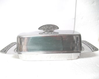 Vintage Stainless Steel Butter Dish with Floral Lid, Japan