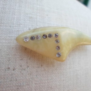 Vintage Women's Celluloid Pin Tooth or Claw Looking 1920s 1930s Rhinestones Early Plastic Brooch image 2