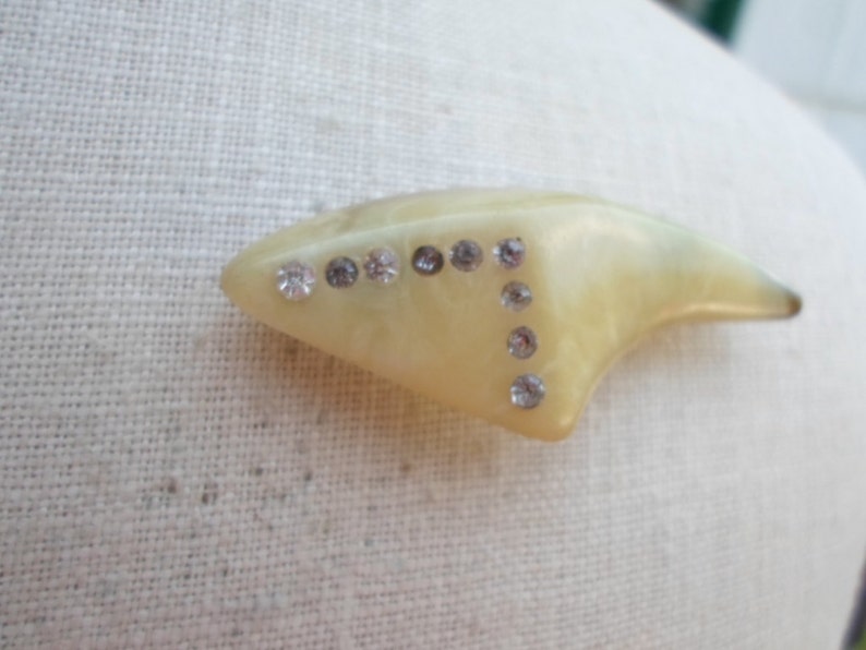 Vintage Women's Celluloid Pin Tooth or Claw Looking 1920s 1930s Rhinestones Early Plastic Brooch image 2