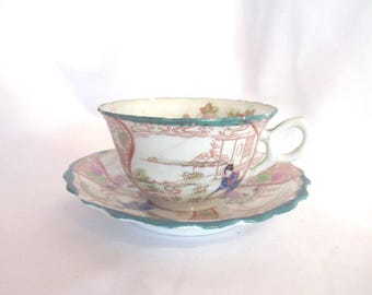 Vintage Japanese Teacup & Saucer Set, Geisha Girls, Japan, 1950s-60s