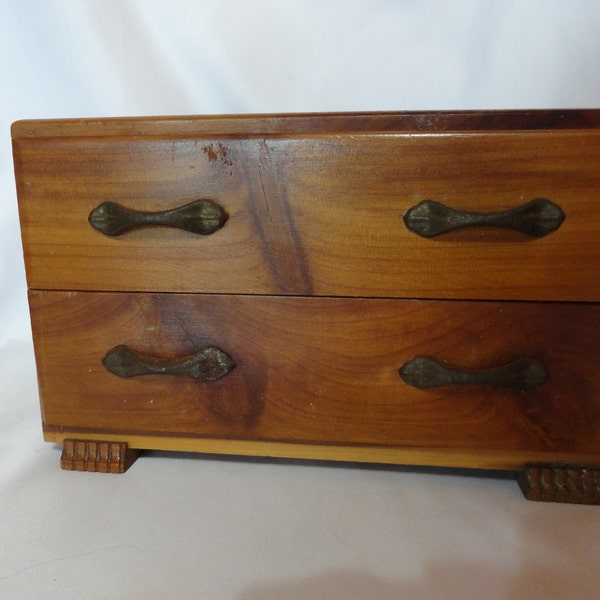 Vintage Small Wooden Jewelry Box Art Deco Unisex Dresser Bureau Footed 2 Drawers 1930s 1940s