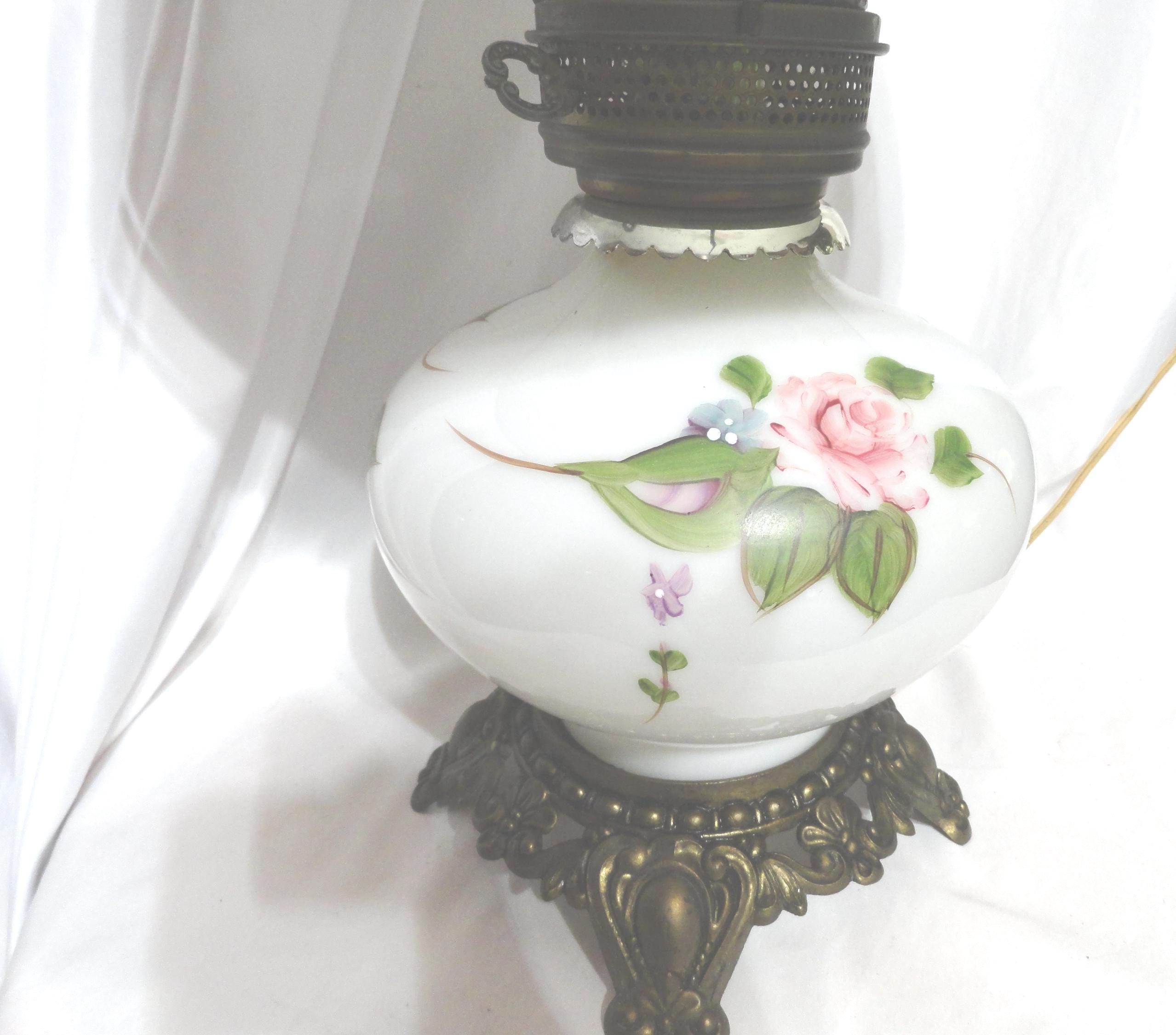 Vintage Milk Glass Lamp With Hand-painted Pink Roses, Large Home