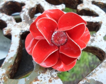 Vintage Bright Reddish Orange Enamel Pin Flower Brooch Huge Rhinestone Sparkly Upcycled 3D Pin Brooch Metal Flower Power