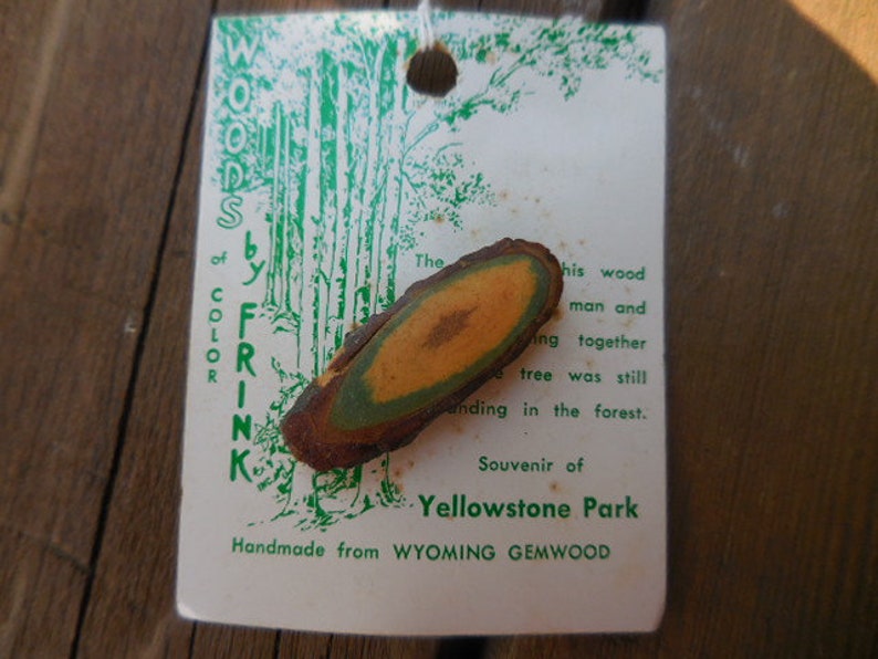 Vintage 1960s to 1970s Woods of Color by Frink Souvenir of Yellowstone Park Handmade from Wyoming Gemwood Man/'s Tie Clip GreenBrown Wooden