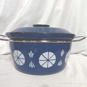 Vintage Catherineholm Dutch Oven with Handles, Blue & White Saturn Enamel, 1970s Norway