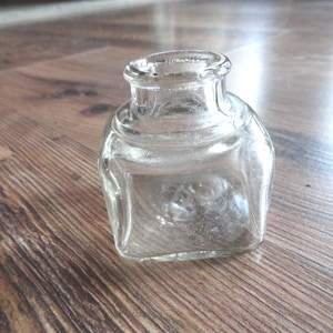 Vintage Inkwell Clear Glass Bottle Jar Desk Accessory Square Home Decor Small 1950 1960s No Top