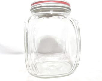 Vintage Skippy Peanut Butter Glass Jar & Square Lid Red White Canister Jar Storage Display Kitchen Candy Treats Brockway Glass 1960s 1970s