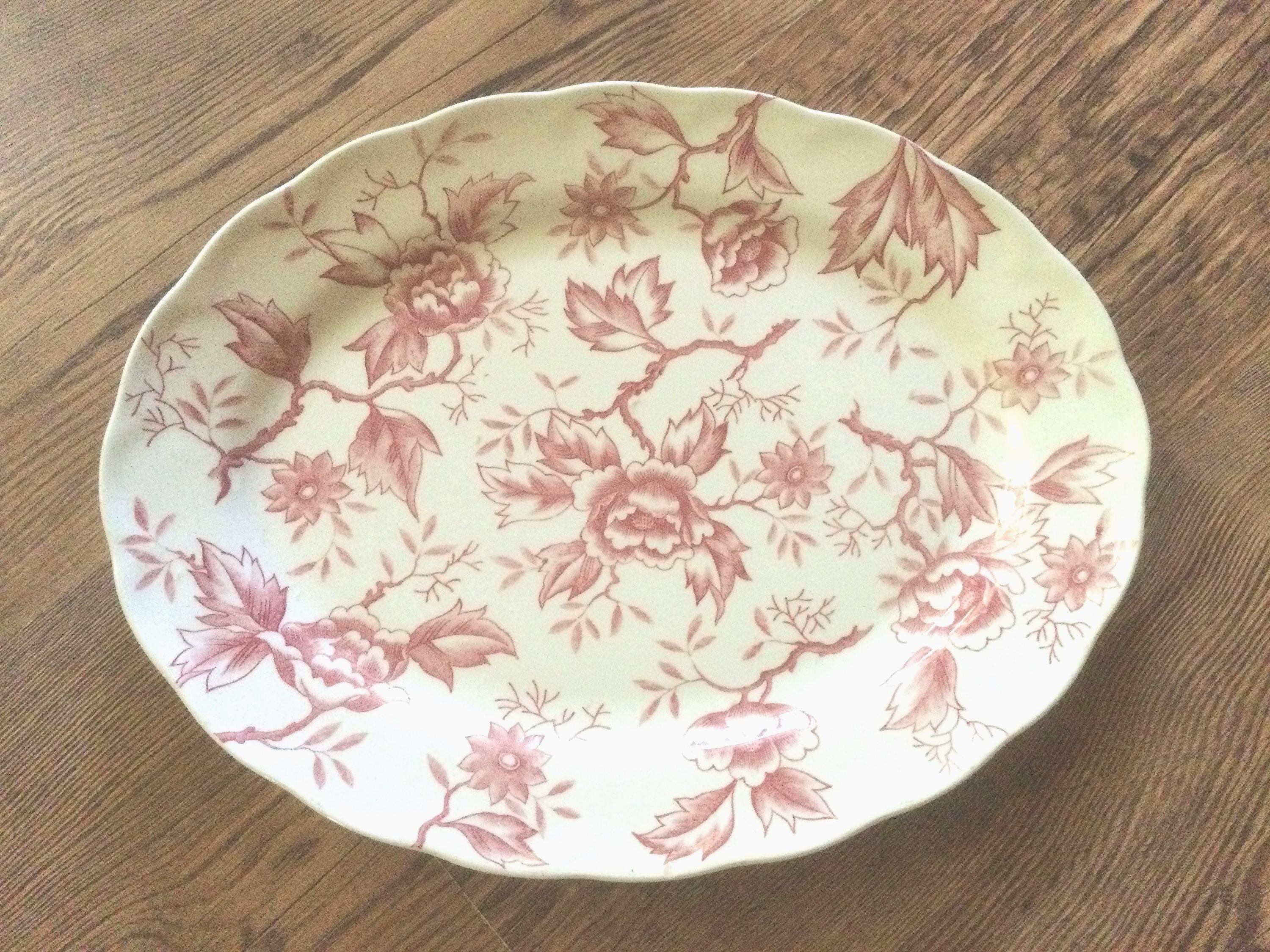 Vintage Red Transferware Platter, Double Phoenix, Oval Ironstone