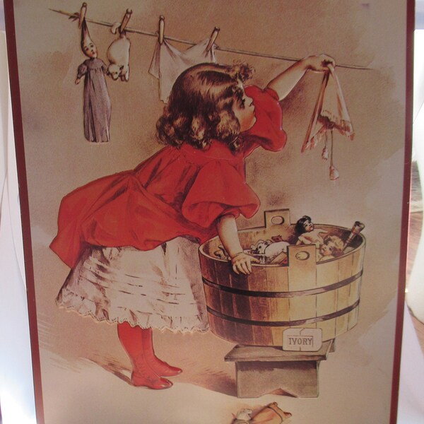 Vintage Reproduction Maud Humphrey "A Busy Day" Laundry Ivory Soap Tin Wall Hanging Little Girl 1980s 1990s Doing Laundry Red Dress Bucket