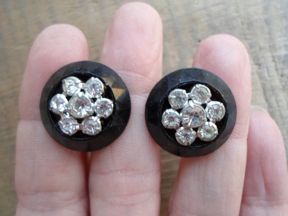 Vintage Women’s Black & Rhinestone Round Earrings… - image 4