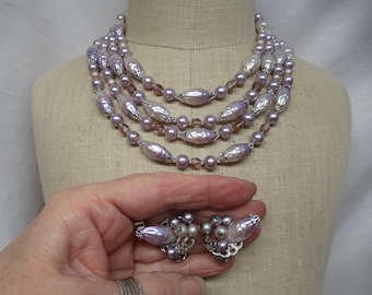 Vintage Purple 4 Strand Necklace, Clip on Earring Set, Silver Tone, Japan, Adjustable