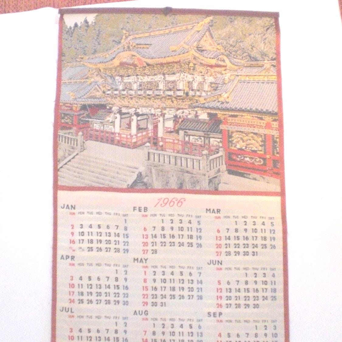 昭和レトロ　戦前　カレンダー　ヴィンテージ コレクション　当時物　印刷物 Vintage Authentic Japanese Calendar 1966 Embroidered Red
