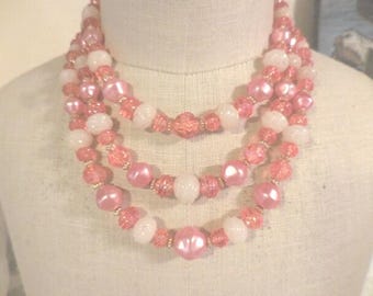 Vintage Pink Beaded Necklace with Orange, Faux Pearls, Gold Tone, 3 Strand, Adjustable, 1950s-60s
