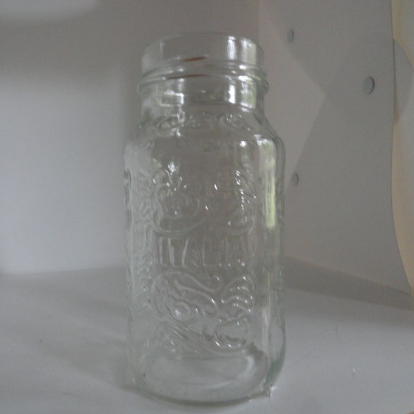 Vintage Italian Clear Glass Jar Embossed Vegetable Design Italia Made in Italy Canning Storage No Lid Cap 1980s 1990s