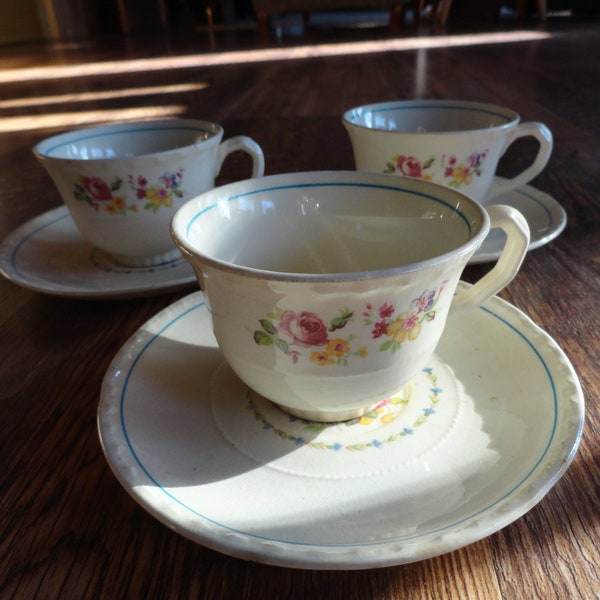 Vintage Crooksville China Cup & Saucer Set Floral 1041 Small Ivory/Pink/Purple/Yellow Flowers Blue Trim Art Deco Display 1930s 1940s