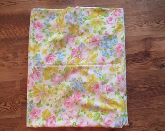 Vintage Bright Floral Double Flat Sheet Flowers Pequot No Iron Muslin 81x104 Yellow White Blue Pink Green USA Made Repurpose Reuse Recycle