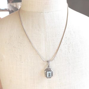 Vintage Aquamarine Necklace Sterling Silver Rectangle Ladies Filigree Setting 1980s 1990s Dainty Snake Italy .925 Chain