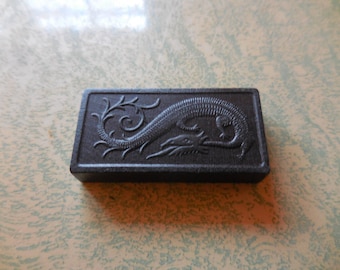 Vintage Halsom Dragon Domino, Single, Black, Embossed Game Piece, 1950s-1970s