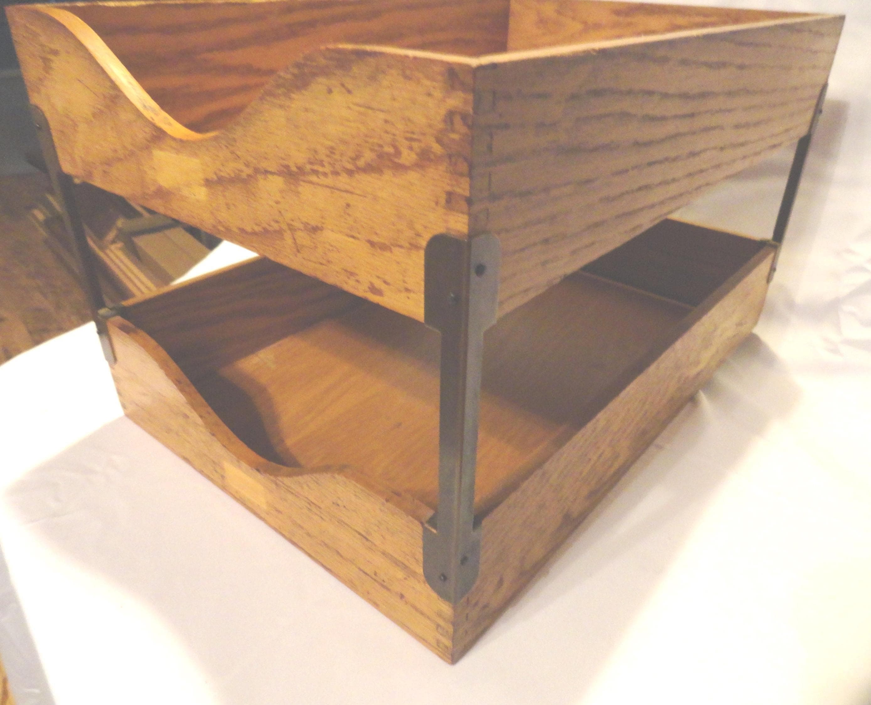 Vintage Double Oak Wood Letter Tray, Legal Size Desk Accessory