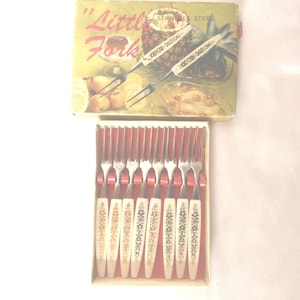 Vintage Tiny Hors D' Oeuvres Forks, Relish, Set of 12, Stainless Steel, 1950s-60s, Plastic