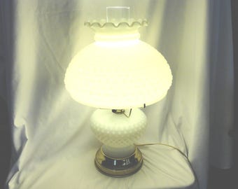 Vintage Hobnail Milk Glass Lamp with Glass Chimney, 1950s-70s