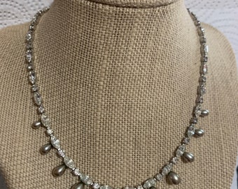 Vintage Women's Pearl & Marquise Rhinestone Necklace Drop Necklace 1940s 1950s Adjustable Silver Tone Bridal Wedding