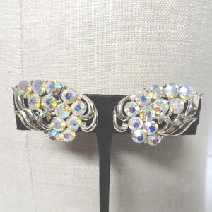 Vintage Coro Earrings Iridescent Rhinestones Gold Tone 1950s 1960s Clip on Earrings Non Pierced Leaf Like Retro Sparkly