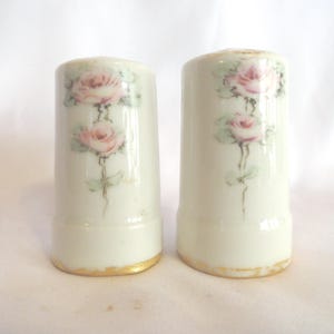 May include: A pair of white ceramic salt and pepper shakers with a gold trim and a floral design featuring pink roses.