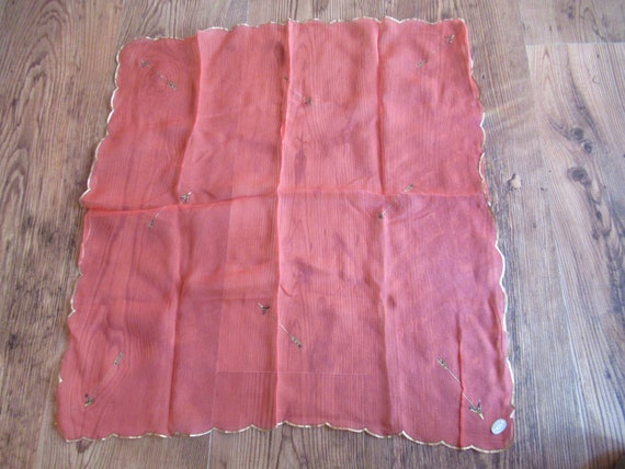 Vintage Women's French Sheer Red Scarf Handkerchi… - image 1