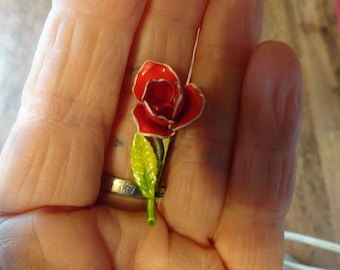 Vintage Women's Red Enamel Rose Bud Pin Tiny Brooch Light Green Flower and Stem Pin Ladies Gift Small Rose Pin 1950s 1960s