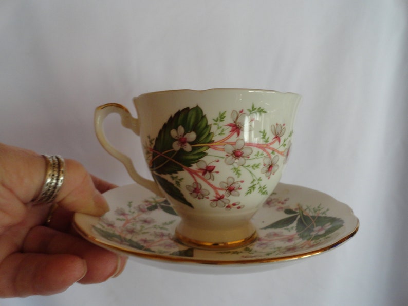 Vintage Royal Stafford Teacup & Saucer Set Bone China Made in England Light Pink Small Flowers Gold Trim Green Leaves Display image 4