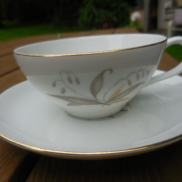 Vintage Teacup & Saucer Set Kaysons Fine China "Golden Rhapsody" Pattern Gray and Gold Design Flowers Dainty Made in Japan 1960s