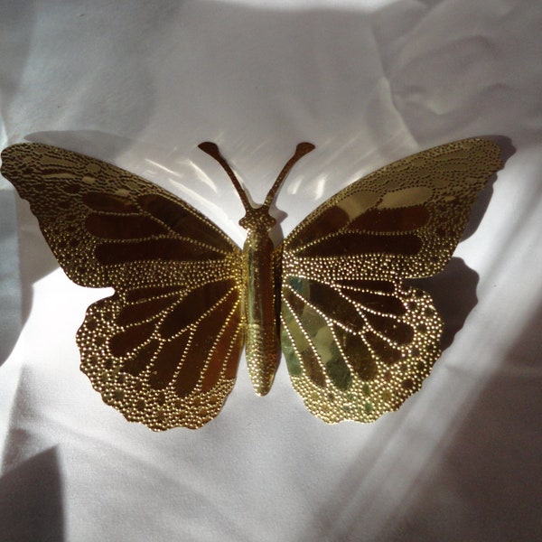Vintage Gold Tone Metal Butterfly Wall Hanging Brass Looking Single Small Shiny 1960s 1970s