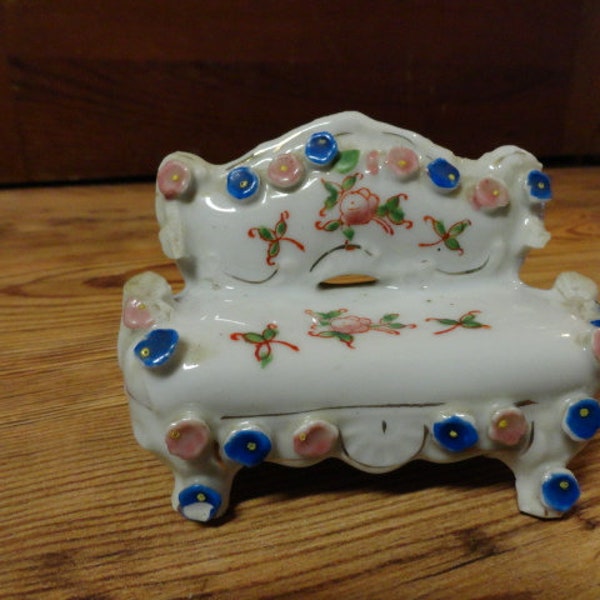 Vintage Porcelain Occupied Japan Victorian Couch Sofa Dollhouse Furniture 1940s Fairy Garden  Pink/Blue/Yellow Flowers Not Perfect Flowers