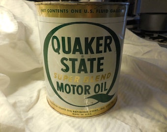 Vintage Quaker State One Gallon Can Super Blend Motor Oil Large Can 1950s 1960s Empty Metal White Green Gold Huge Garage Man Cave Retro