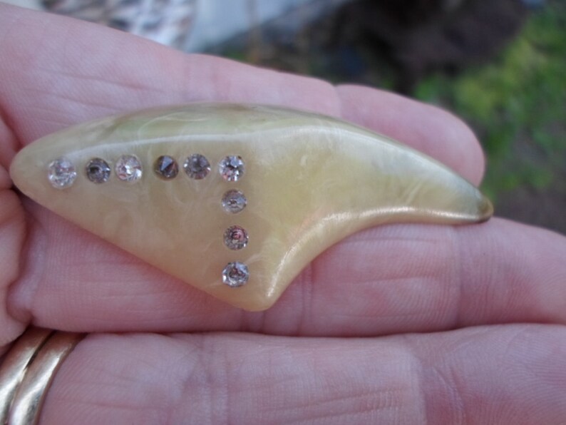 Vintage Women's Celluloid Pin Tooth or Claw Looking 1920s 1930s Rhinestones Early Plastic Brooch image 3