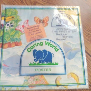 Póster vintage de Avon Kid's Caring World, arte mural infantil: primer paso para reducir, reciclar y reutilizar, animales coloridos de la década de 1990.