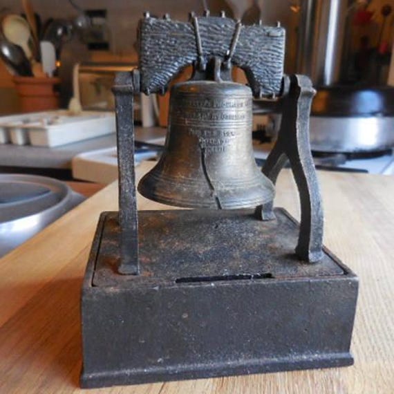 Vintage Liberty Bell Coin Bank Cast Iron Black Square Screw Bottom 