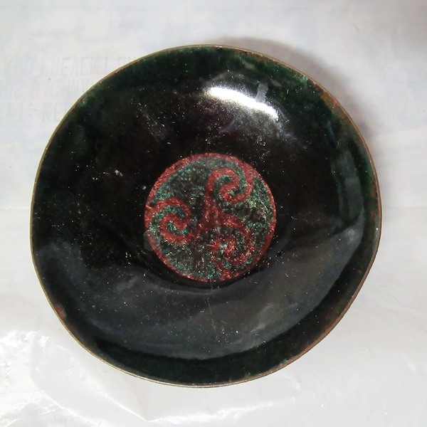 Vintage Green & Copper Colored Small Copper Enamel Dish Handmade Tiny Decorative Bowl Celtic Swirl Triskelion Symbol Spiral 1960s 1970s