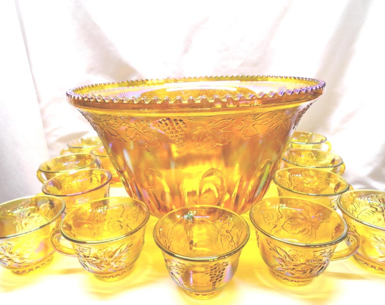 Vintage Indiana Glass Harvest Punch Bowl Set, Carnival Glass, No Ladle image 8