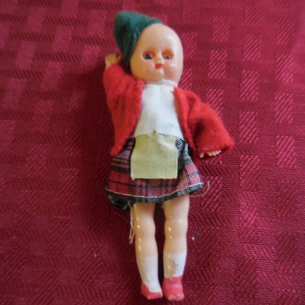 Vintage Tiny Plastic Doll Sleepy Eyes Clothed Girl Skirt & Hat Small Little Mini Swing 1950s 1960s Arms and Legs Made in Hong Kong Retro