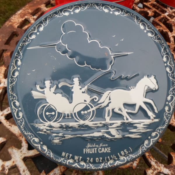 Vintage Two Tone Blue & White Small Tin Metal Round Shirley Jean 1950s 1960s Fruit Cake Cookie Tin Embossed Horse Drawn Carriage Collectible