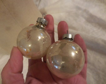 Vintage White & Silver Glass Christmas Tree Ornaments Set Pair 2  Balls Made in USA 1950s 1960s Retro Transparent Translucent