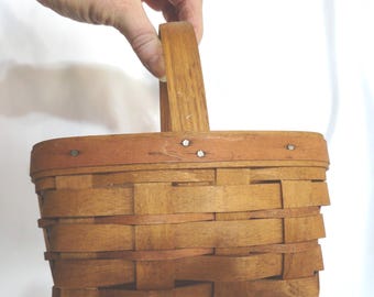 Vintage Longaberger Mini Basket, Tiny Picnic Basket with Handle, Faded Red Stripe, 1989