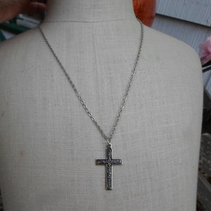 Vintage Women's or Men's Cross Necklace Silver Tone & Black Crucifix Boy's or Girl's Necklace Unisex 1960s 1970s