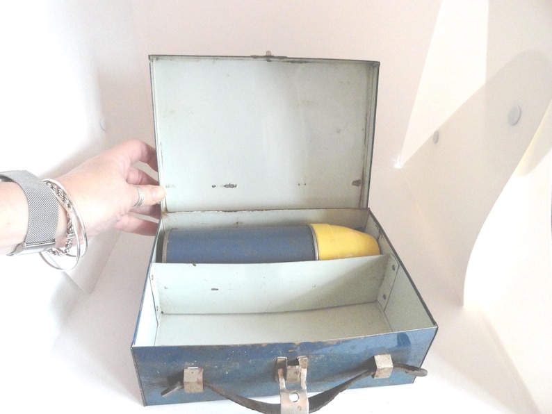 Vintage Blue Metal Lunchbox, Child's, Thermos, 1920s-40s image 2