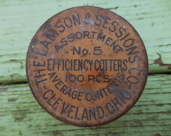 Vintage No. 5 Cotter Pins The Lamson & Sessions Assortment Efficiency Cleveland, Ohio Fiber Container Metal Lid Garage Decor 192s to 1940s