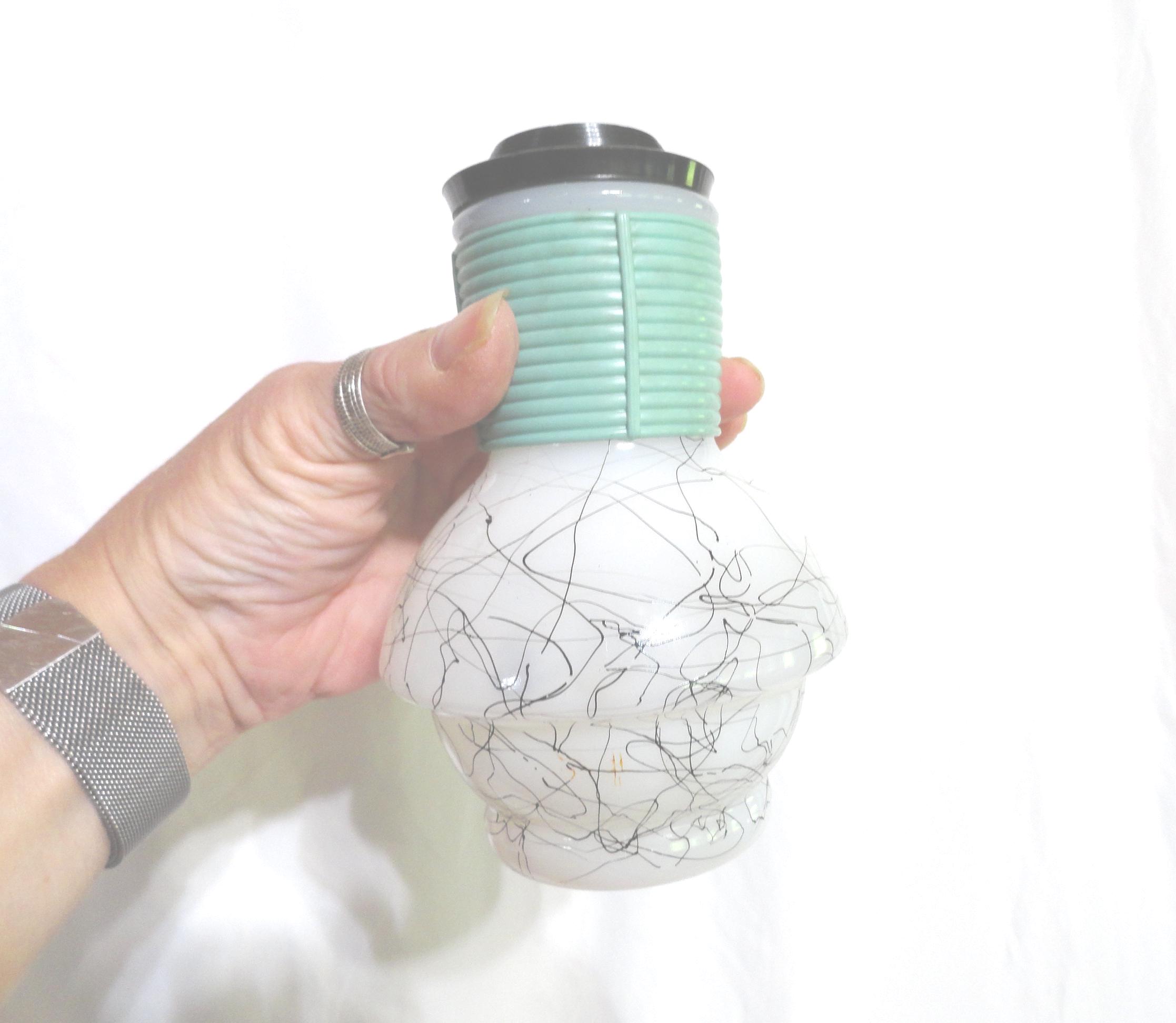 Vintage Mckee Glasbake Hottle Bottle, Black Squiggles, Aqua Grip
